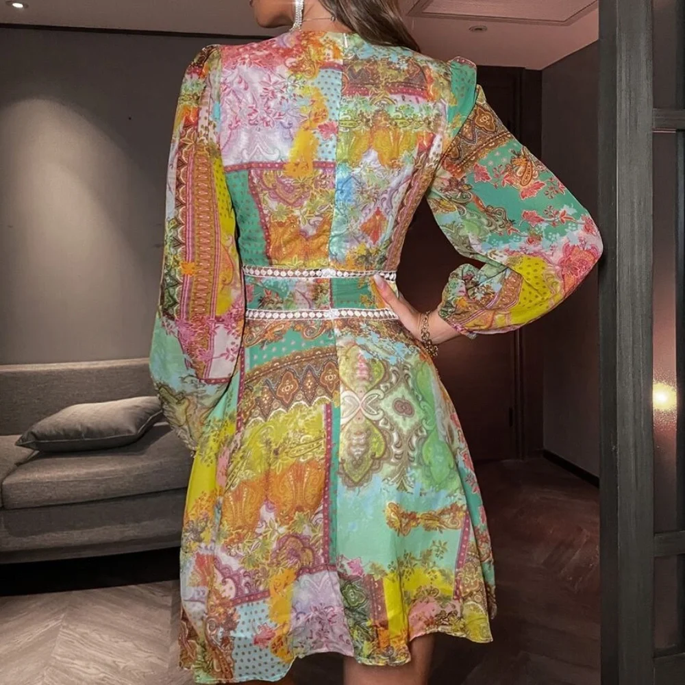 Boho Floral Paisley Print Lace Trim Dress - Picture 4 of 5